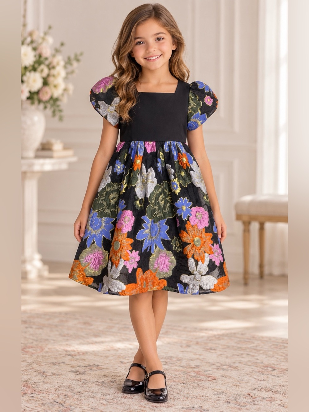 JessaKae Girls 8–9Y Black Metallic Floral Puff Sleeve Party Dress